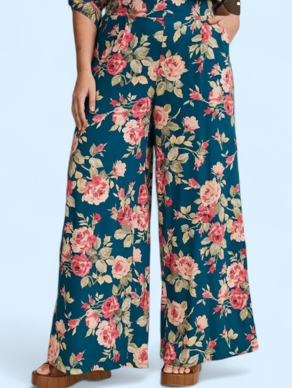 torrid Teal High Rise Pull On Wide-Leg Floral Palazzo Pants with Pink Roses